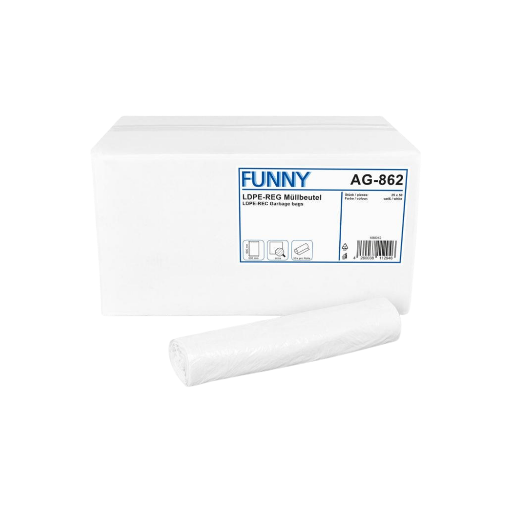 FUNNY LDPE-Regenerat Müllbeutel 30 l, 500 x 600 mm, weiß | armedion